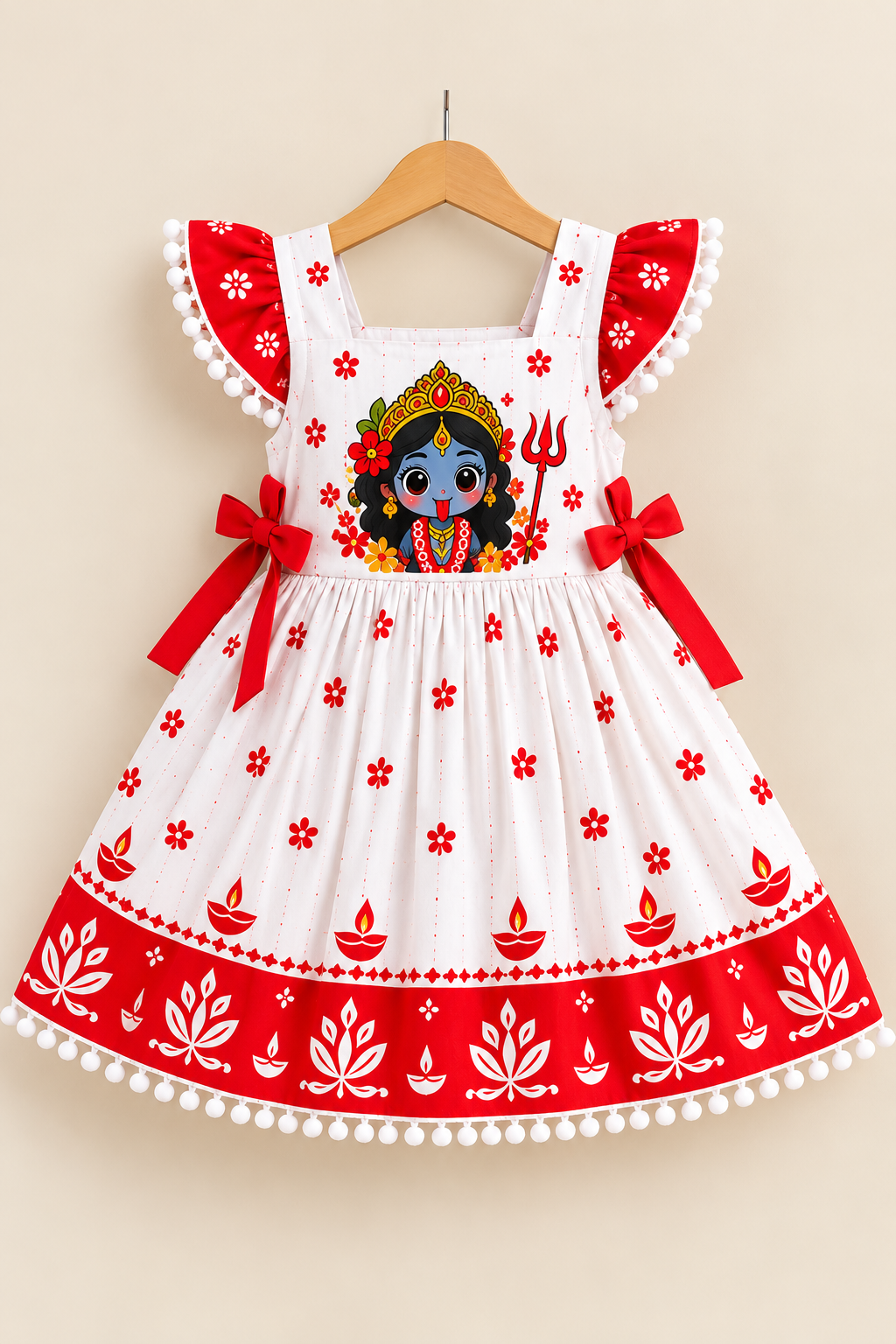Maa Kali Printed Red & White Festive Frock
